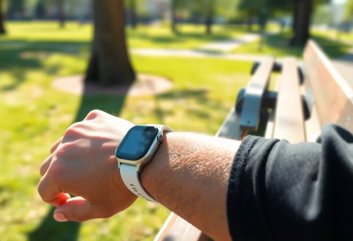 Smartwatch on a runner's wrist beside a phone left on a bench