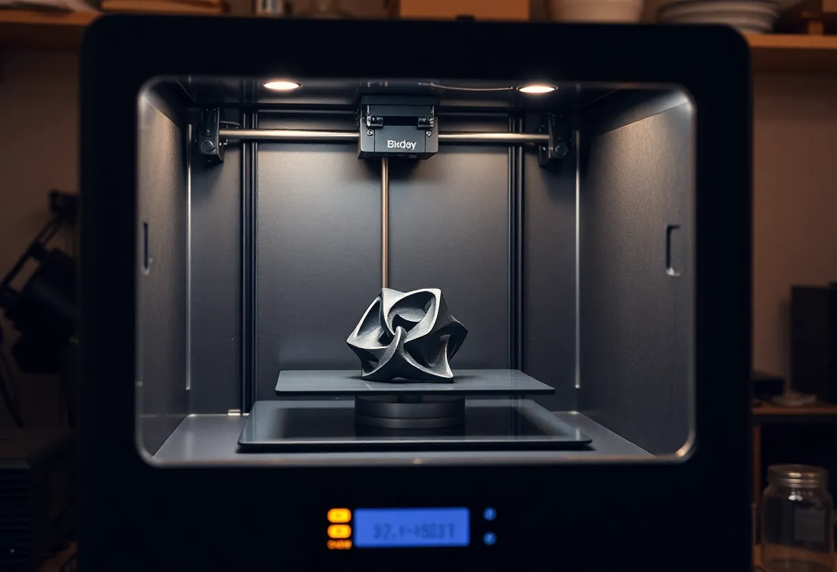 Enclosed desktop 3D printer printing a dark plastic part