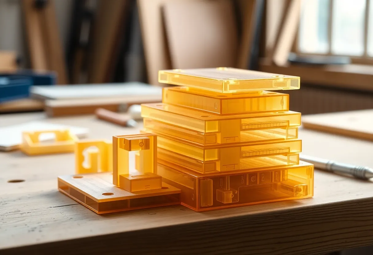 Stack of translucent PETG functional brackets on a workbench