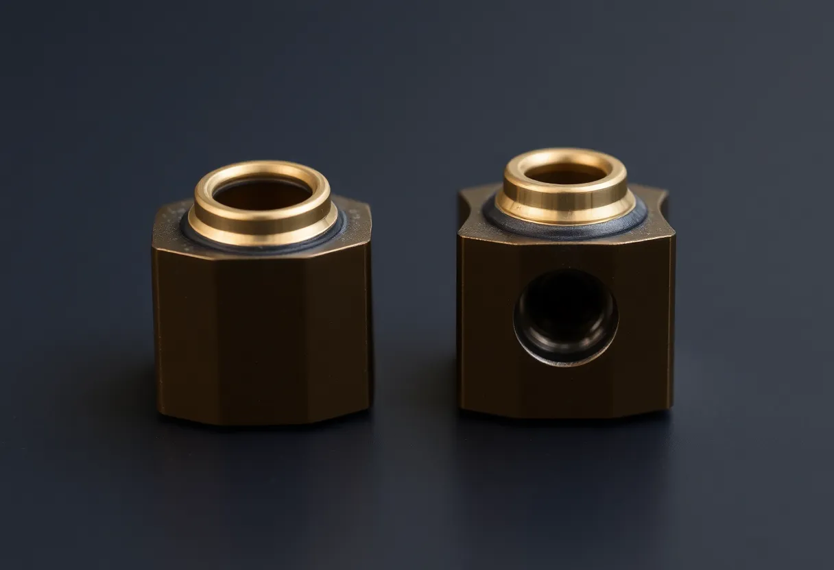 Two brass printer nozzles on a metal tray for size comparison