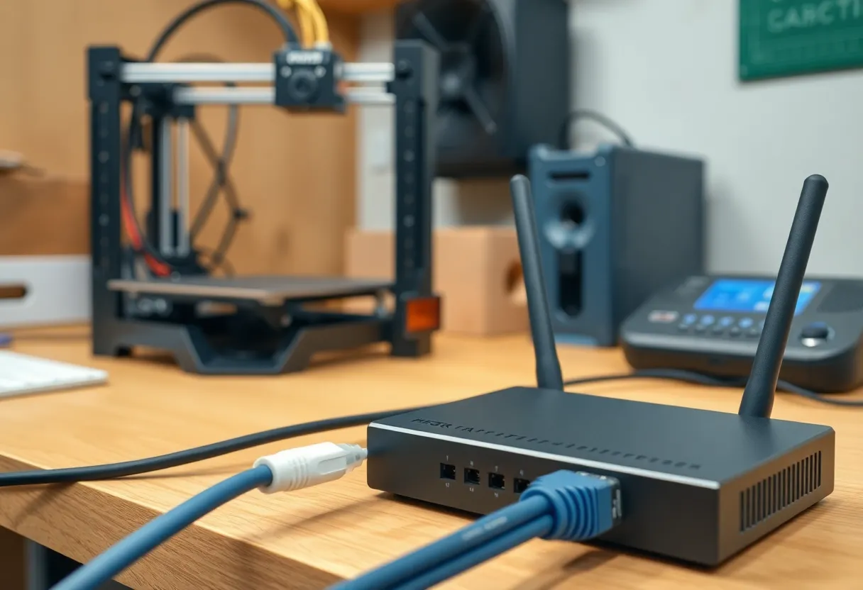Network gear near a workbench 3D printer mid-print