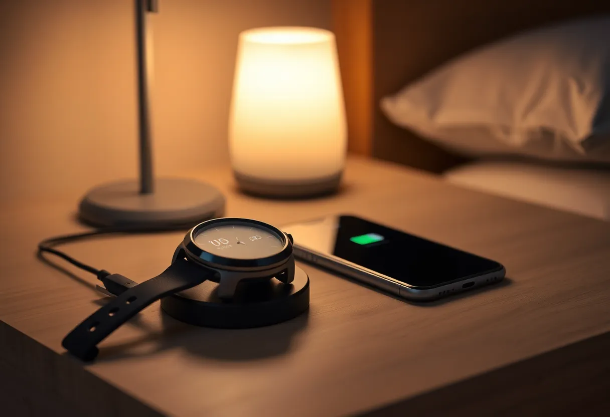 Charging watch and phone on a nightstand, both low battery