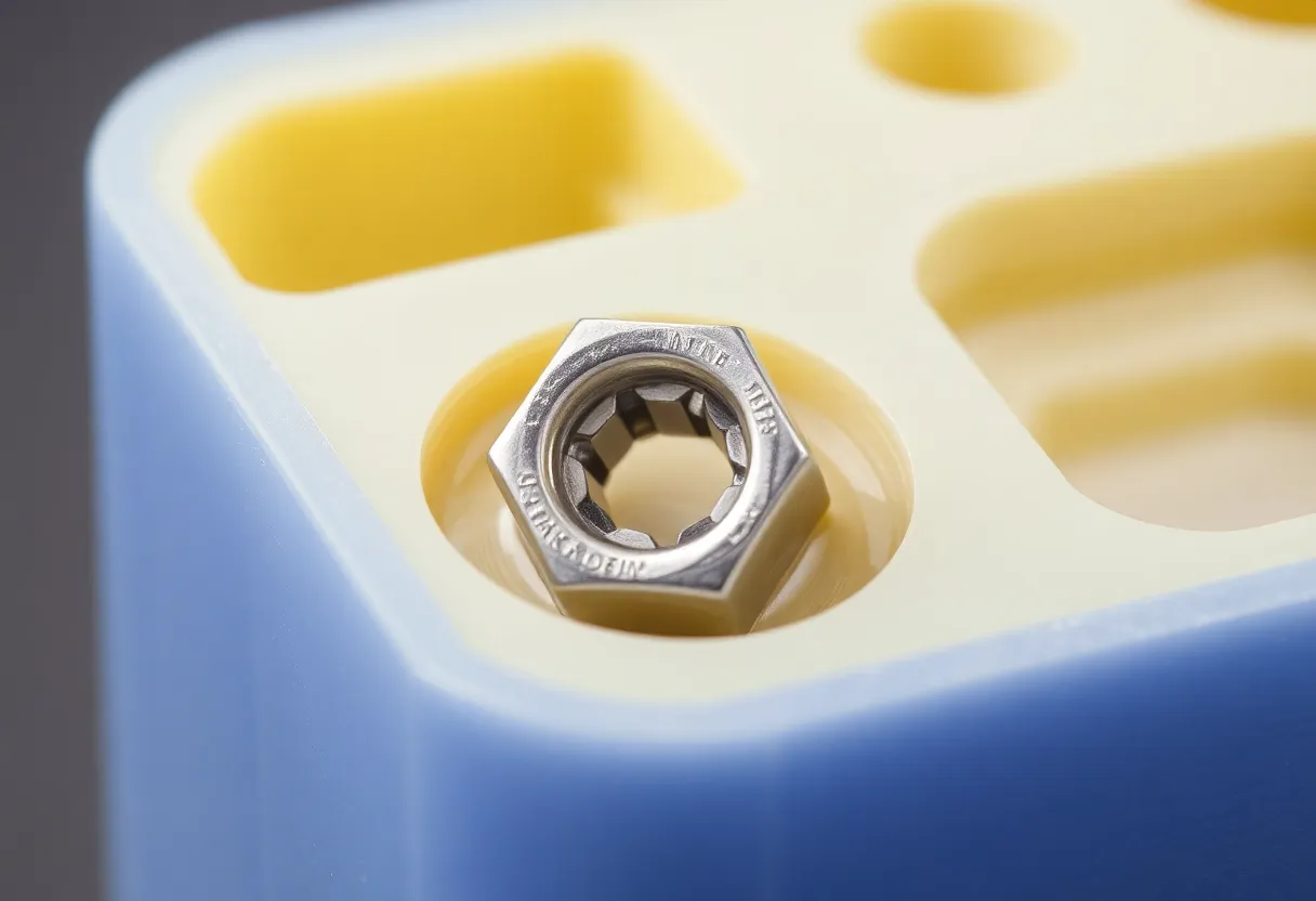 Close-up of a metal hex nut embedded in a 3D printed part