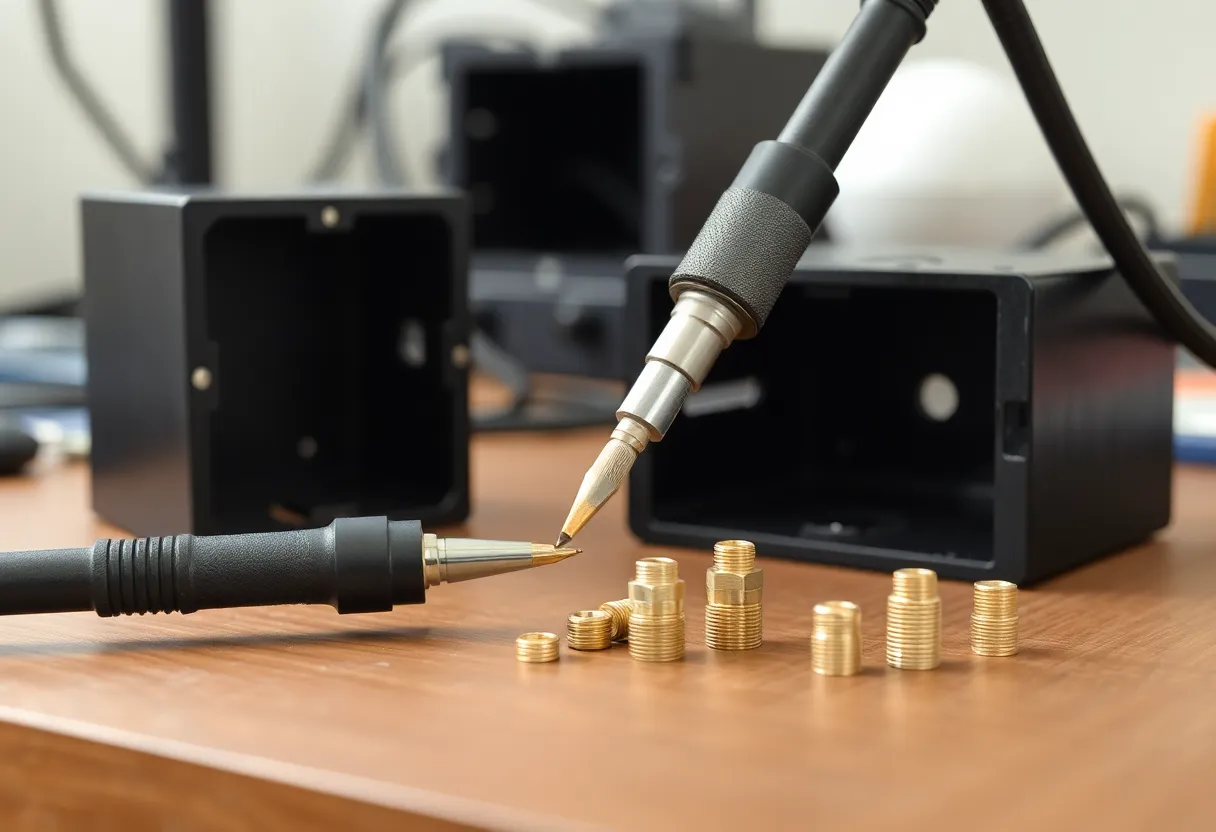 Heat-set threaded inserts and a soldering iron beside a printed enclosure