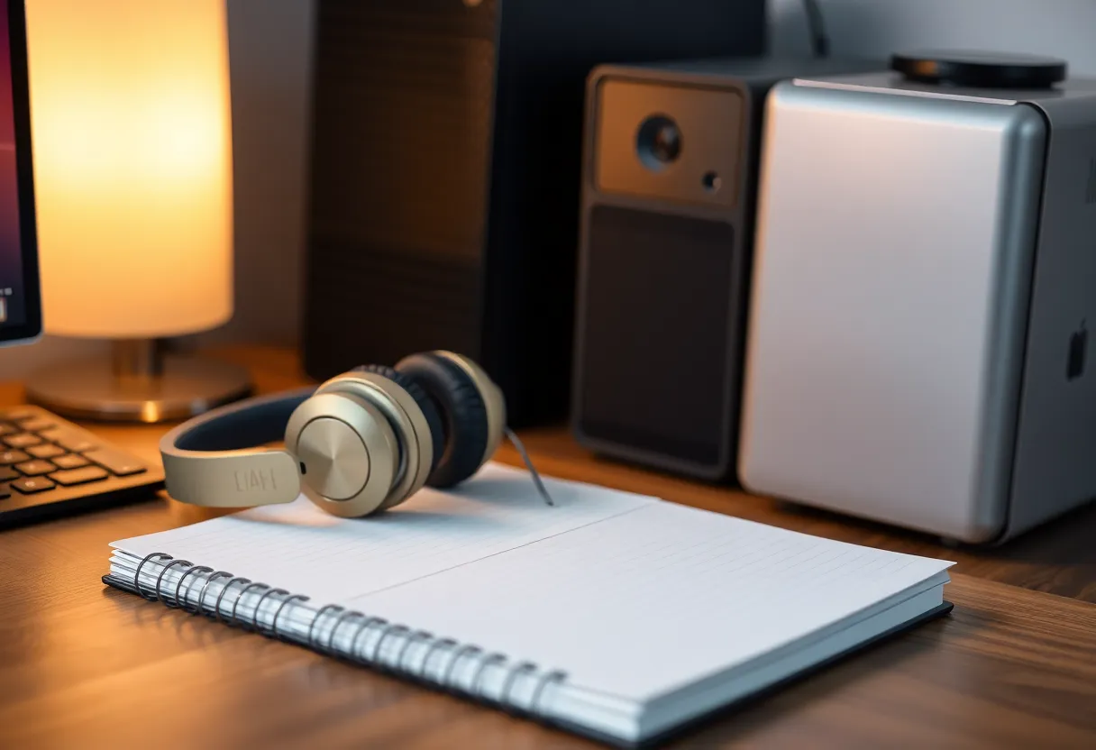 Headphones and notebook on a desk next to a compact workstation