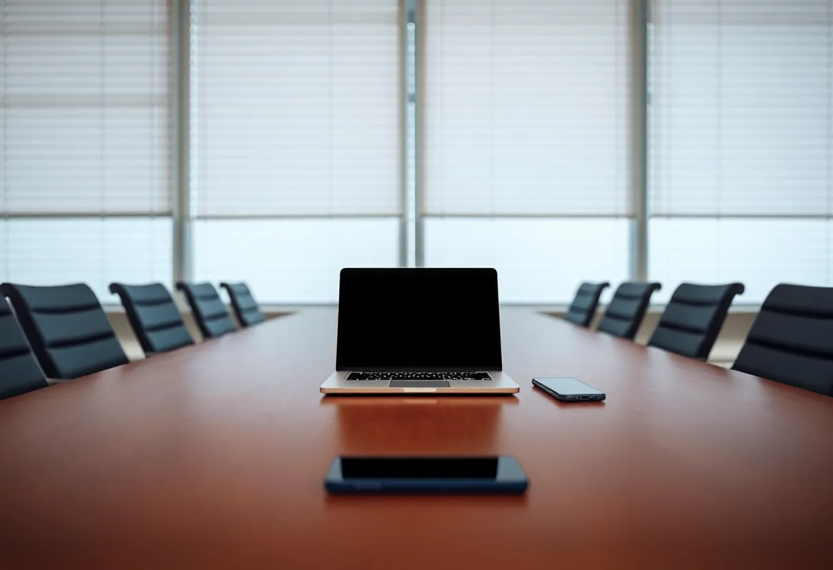 smartphone and laptop on a conference table after a video call