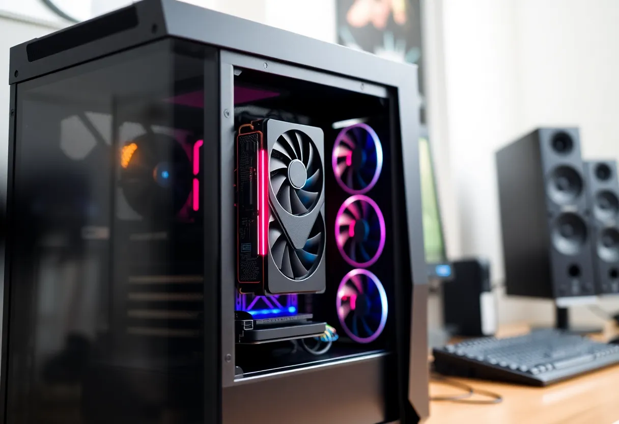 PC tower with side panel open showing an installed graphics card