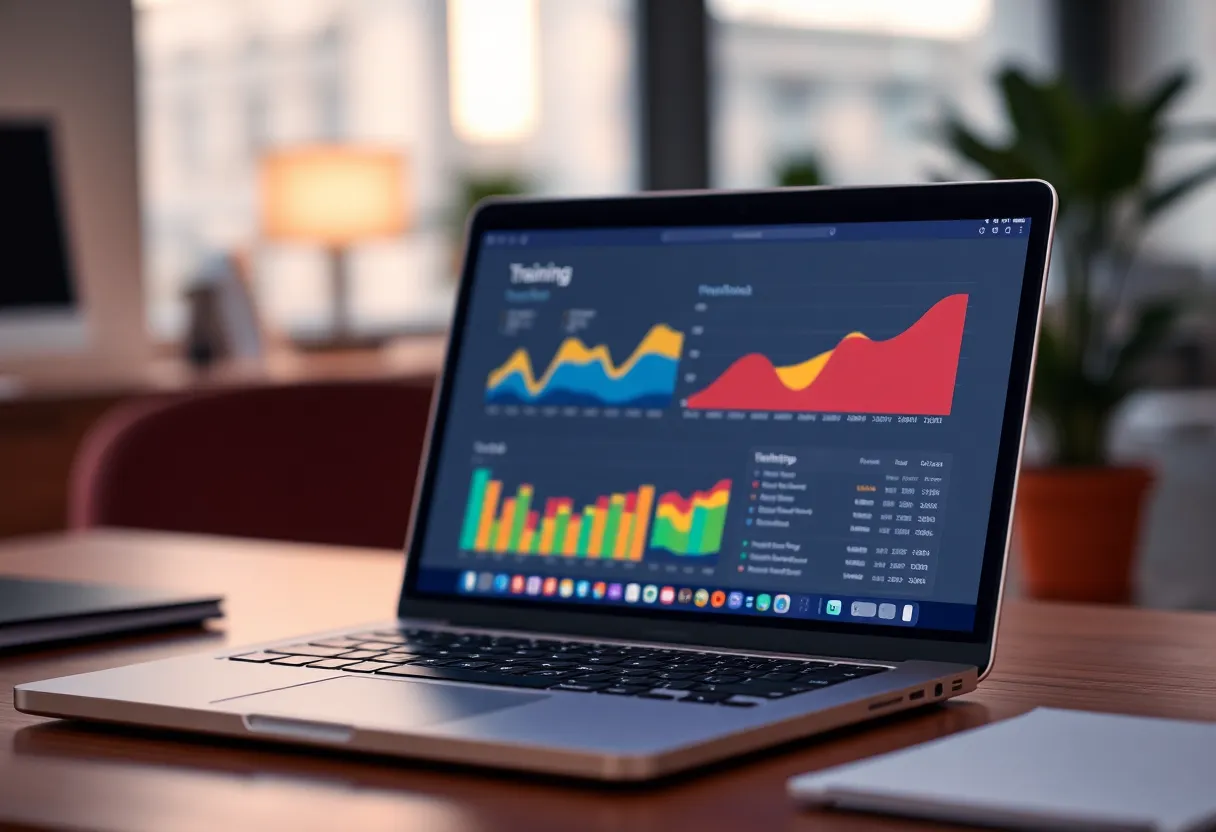 Laptop on a desk with colorful training progress charts on screen