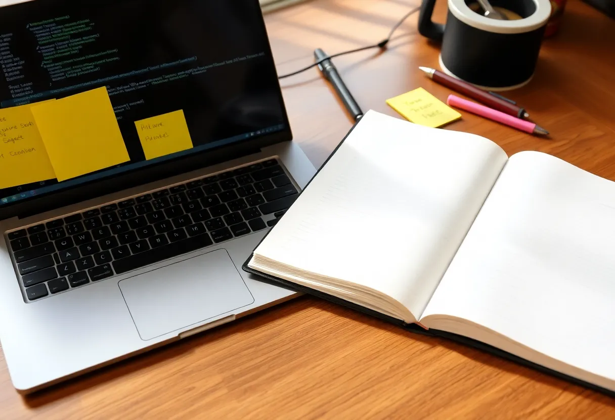 Open notebook beside a laptop with sticky notes on a programming desk