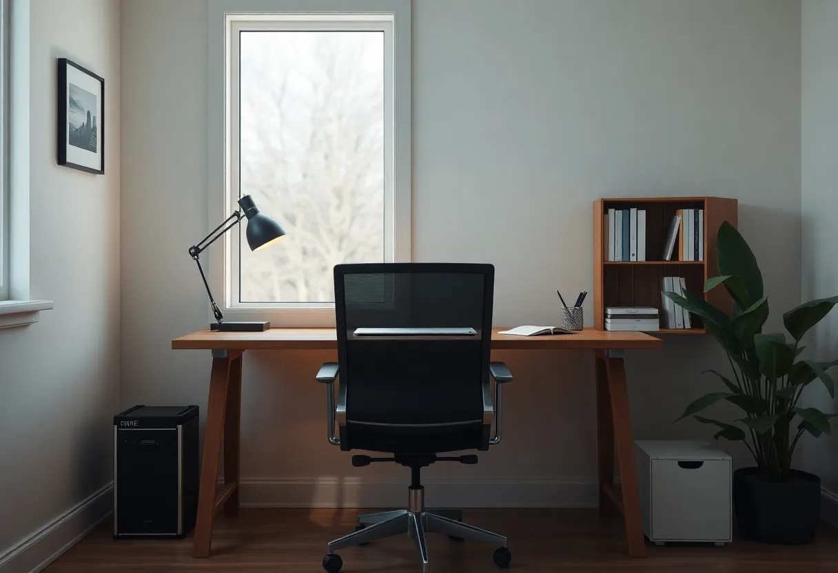Fixed-height wooden desk in a calm home office corner
