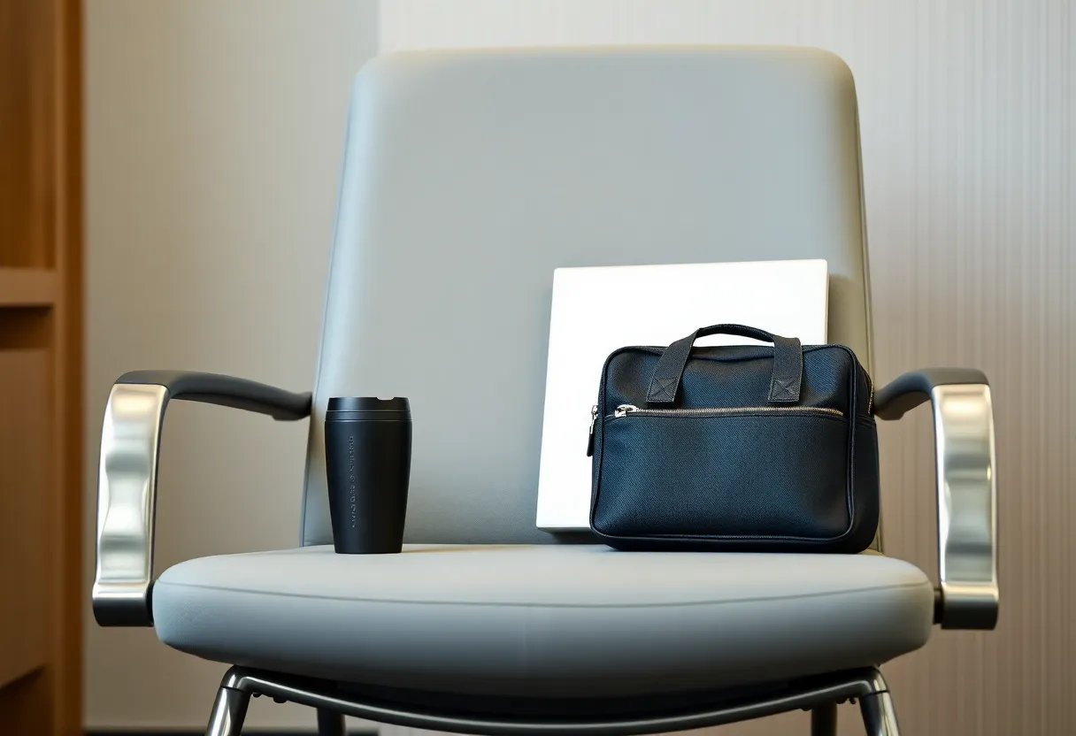 Hotel chair with a laptop bag and a travel mug