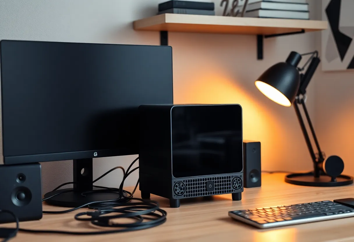 Mini PC on a shelf behind dual monitors