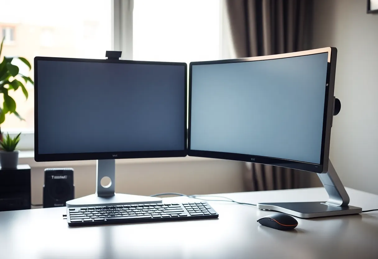 Dual monitor workstation with keyboard and mouse