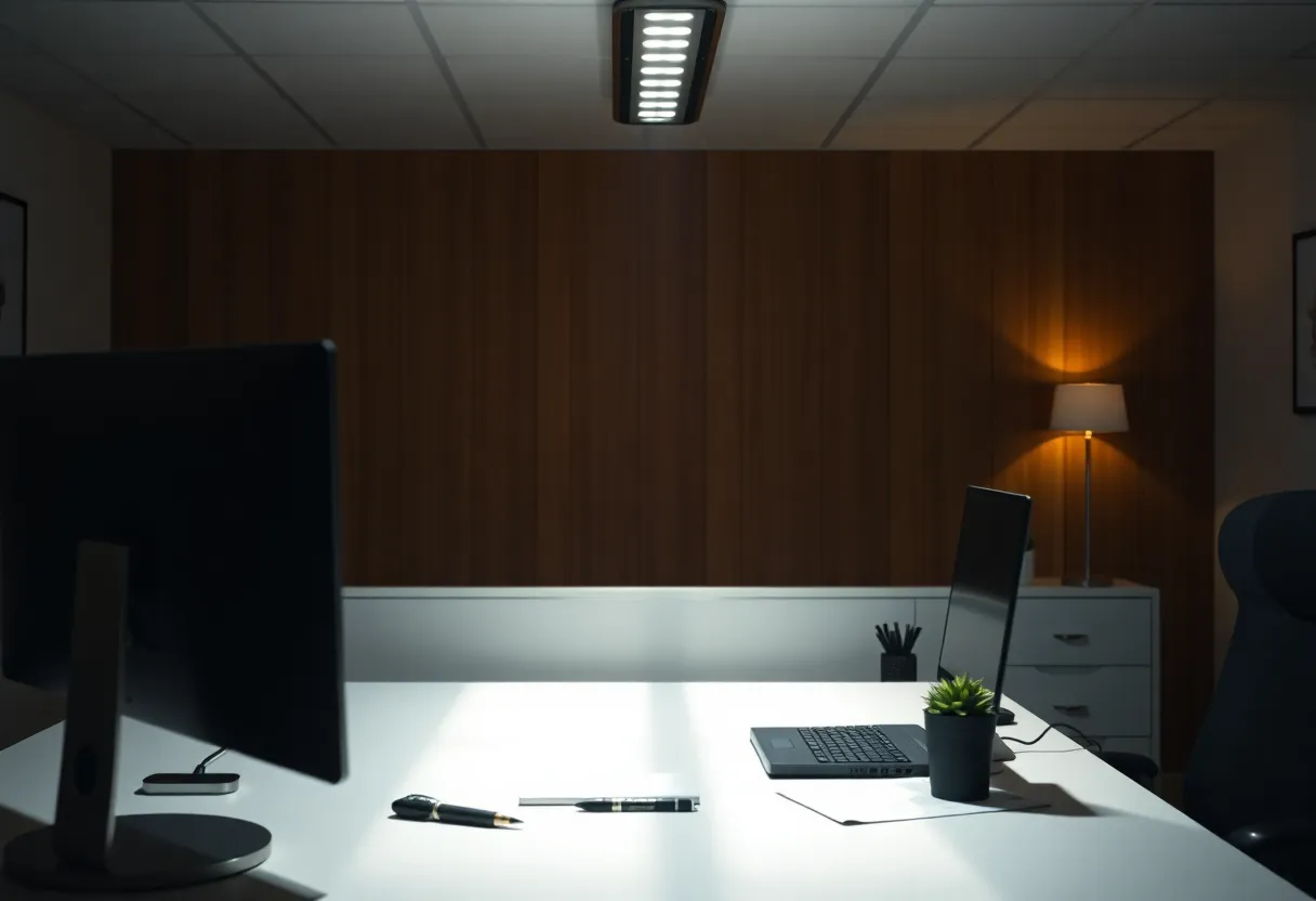Person on a video call under harsh overhead ceiling lighting
