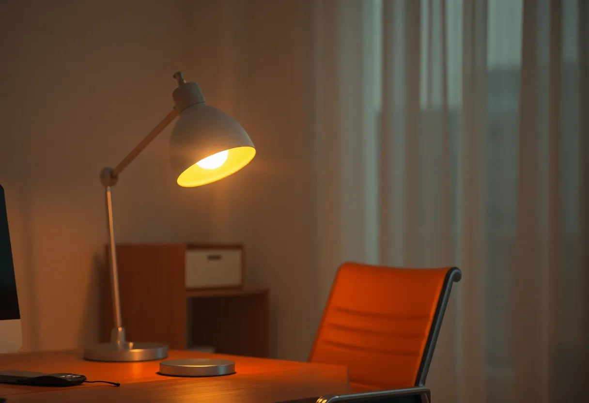 Warm desk lamp glowing in an empty office chair scene