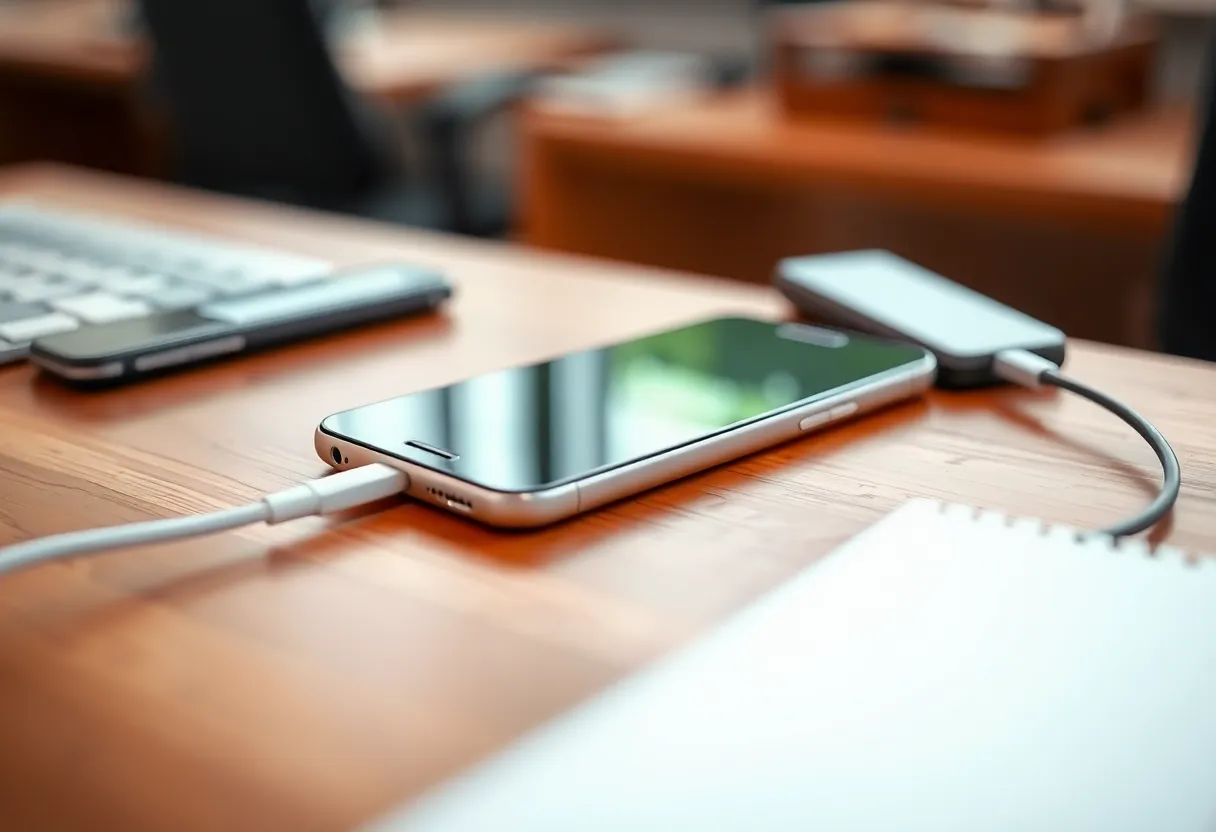 Smartphone on a wireless charger at a desk edge