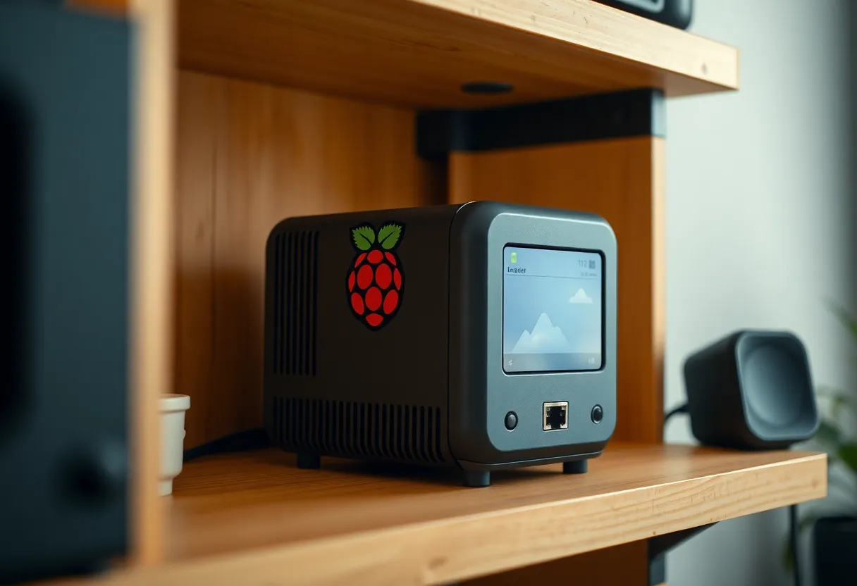 Small single-board computer on a home shelf with an ethernet cable