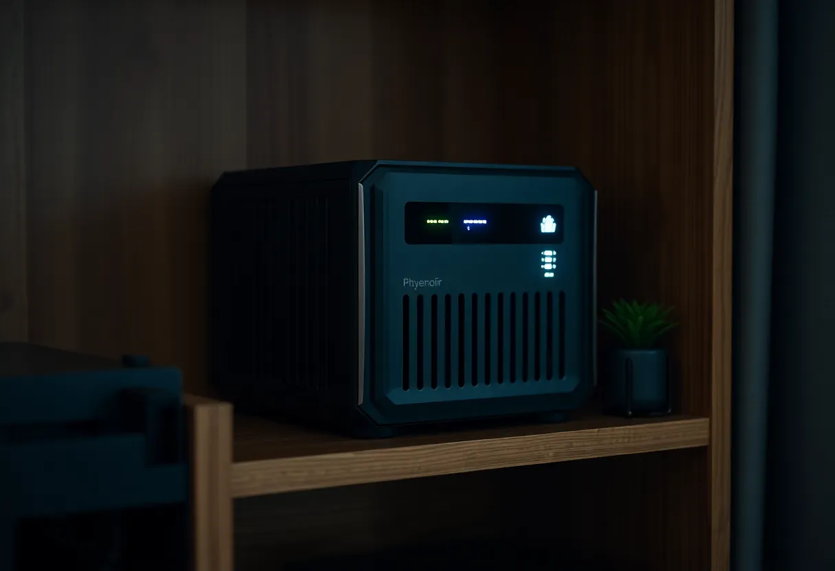Server rack mini PC with status LEDs on a shelf