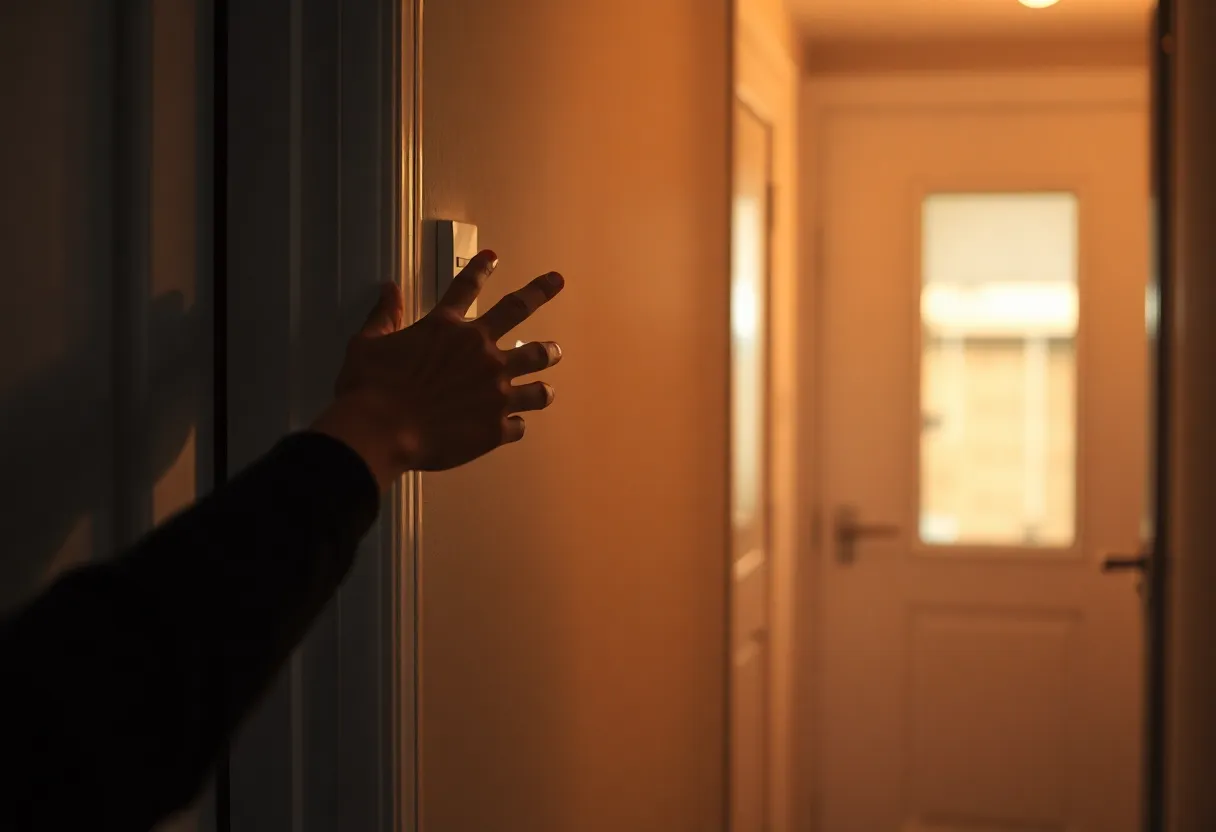 Hand reaching toward a wall light switch in a hallway