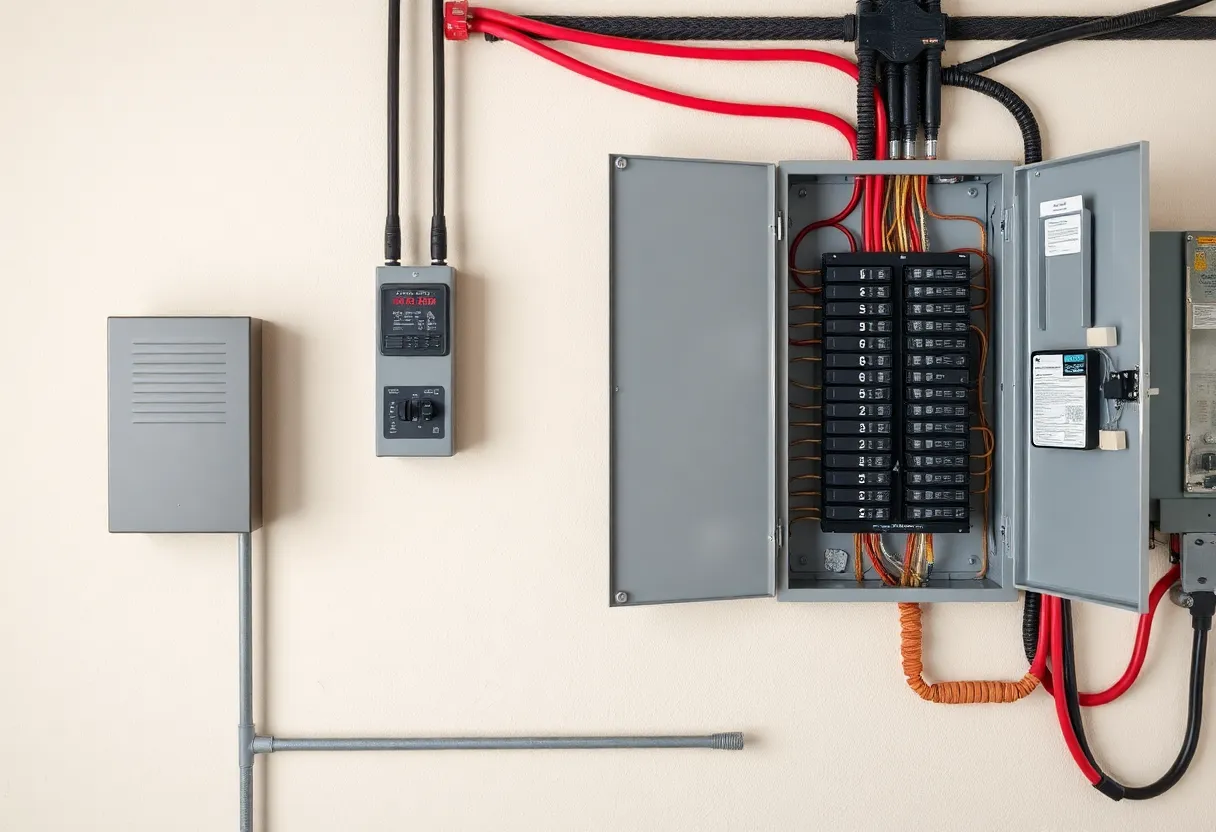 Electrical panel with breakers in a garage utility corner