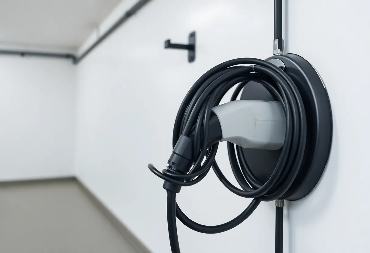 Coiled EV charging cable hanging on a garage wall hook