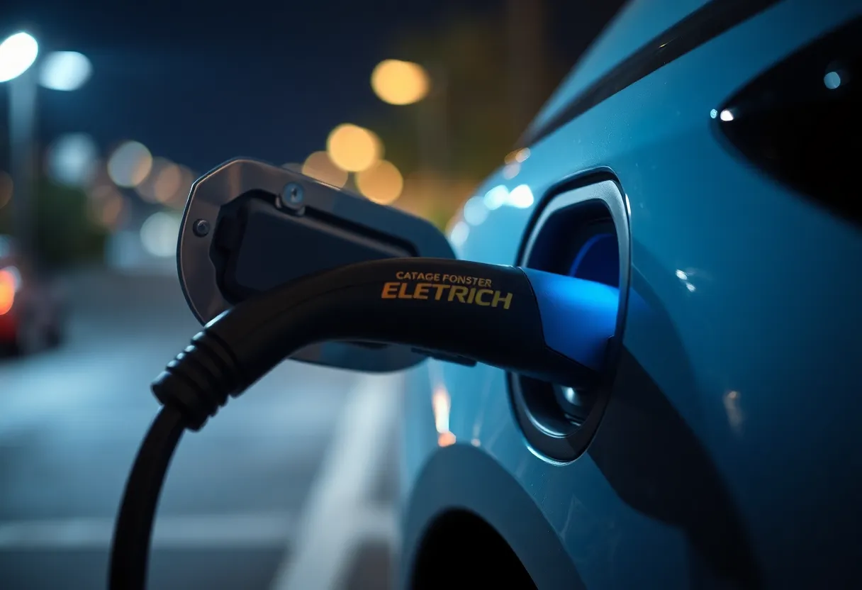 EV charge port door open with cable connected at night