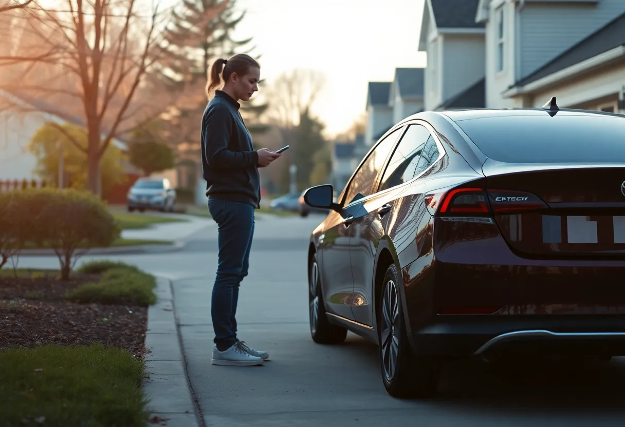 Driver holding a smartphone with a blurred navigation map beside a parked EV