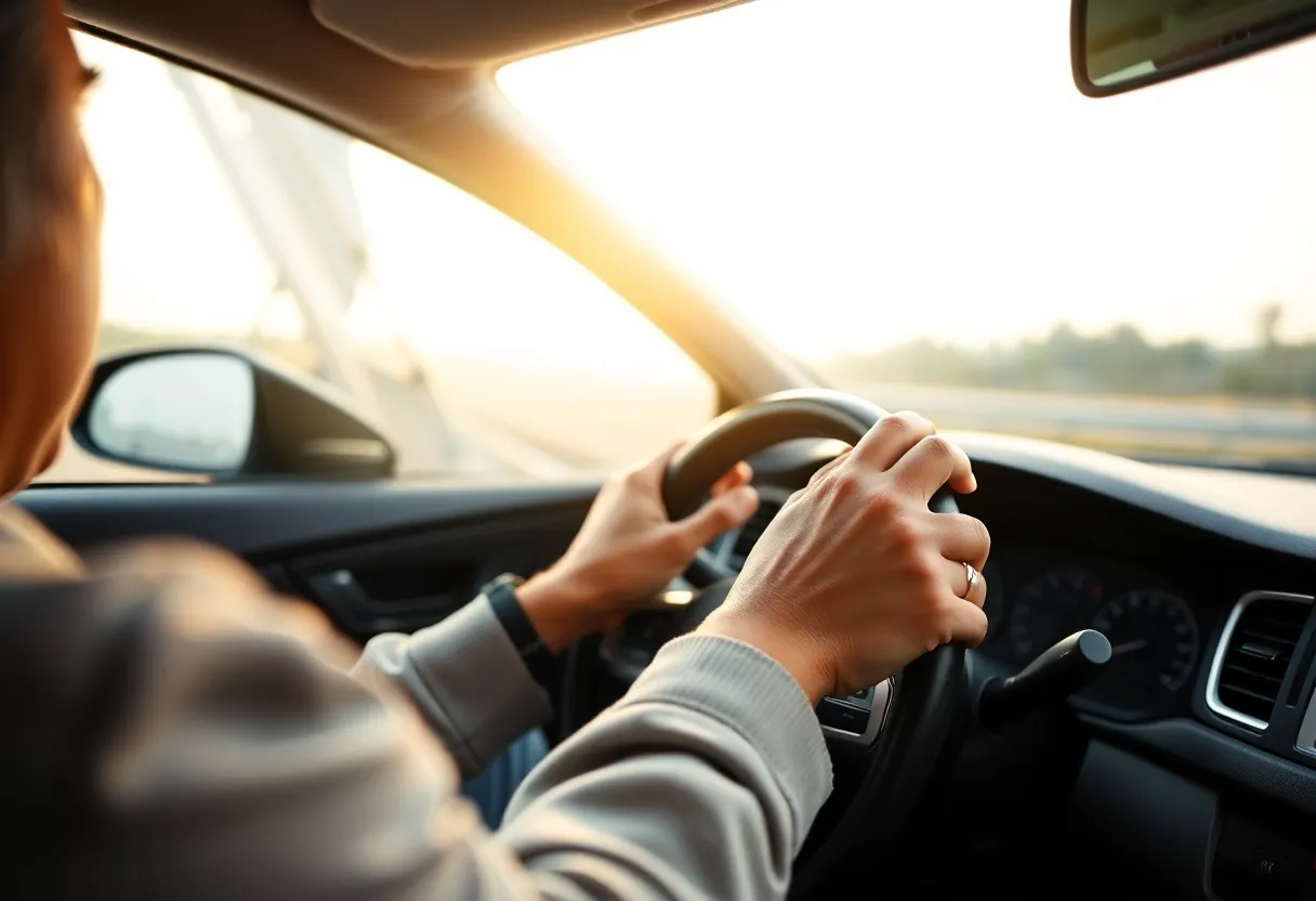 Hands resting near a steering wheel on a highway drive
