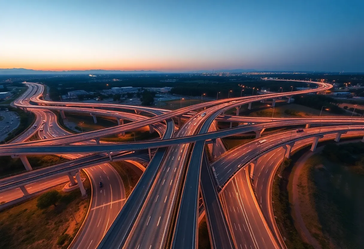 Highway interchange ramps and merge lanes at twilight