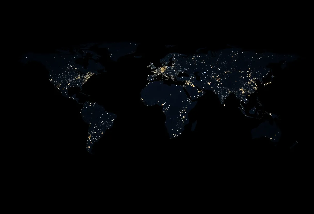 Glowing dots forming a world map on a dark wall, with thin lines linking distant points
