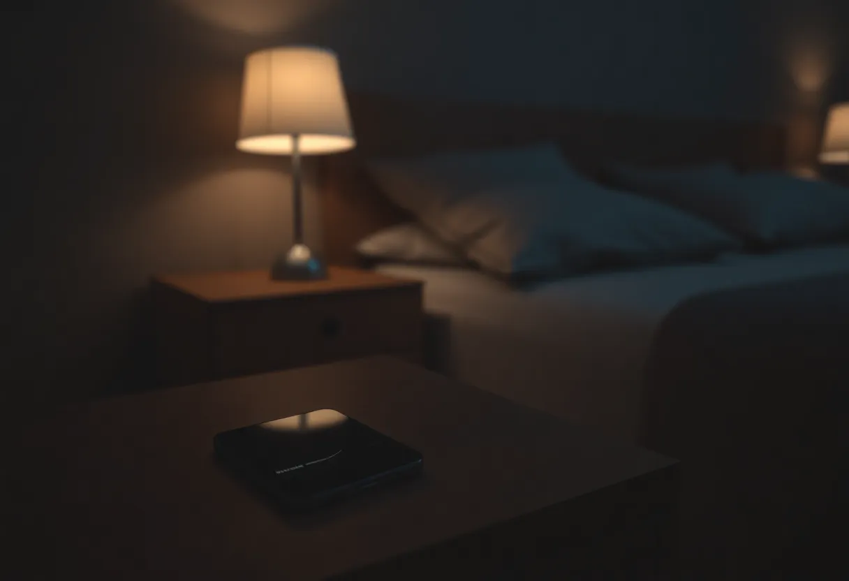 A smartphone lighting up on a wooden nightstand in a dark bedroom at night