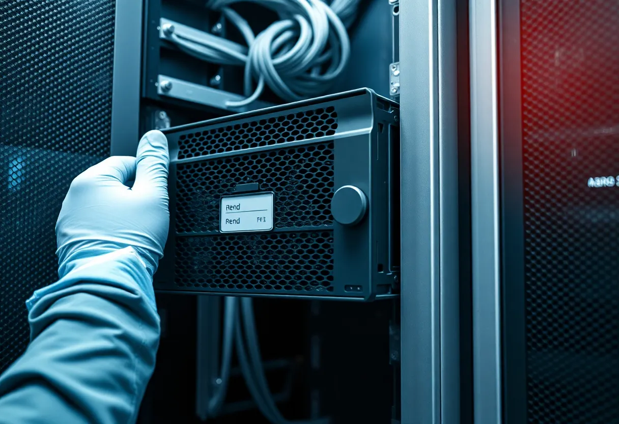 Gloved hands sliding a server into a rack in a data center