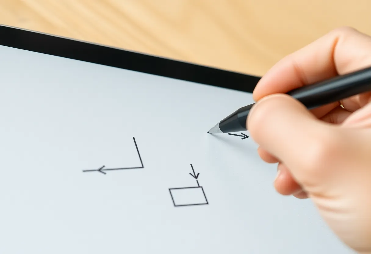 A hand sketching boxes and arrows on an e-ink tablet with a stylus