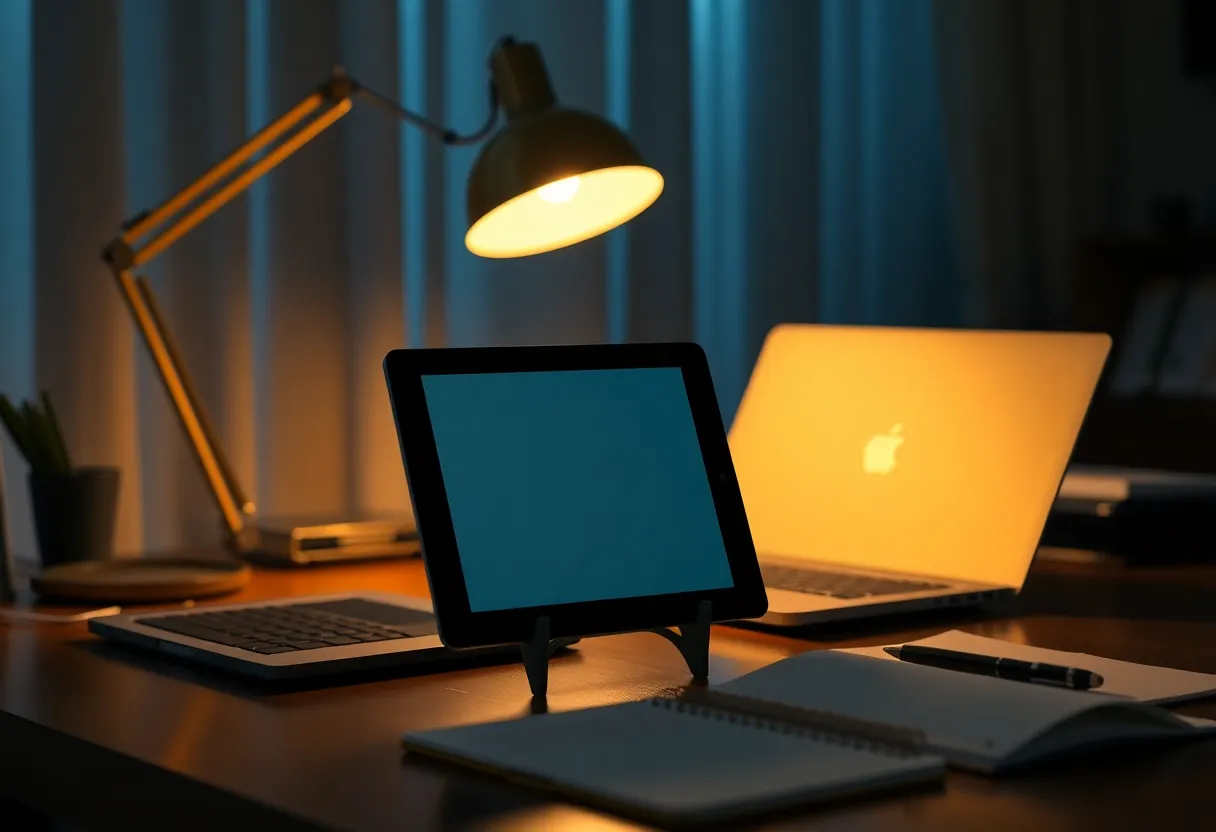 A large e-ink tablet on a stand next to a closed laptop under a warm desk lamp