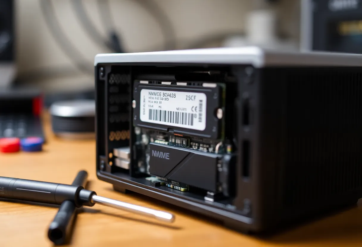 An open mini PC chassis on a workbench with memory sticks and an NVMe drive beside a screwdriver