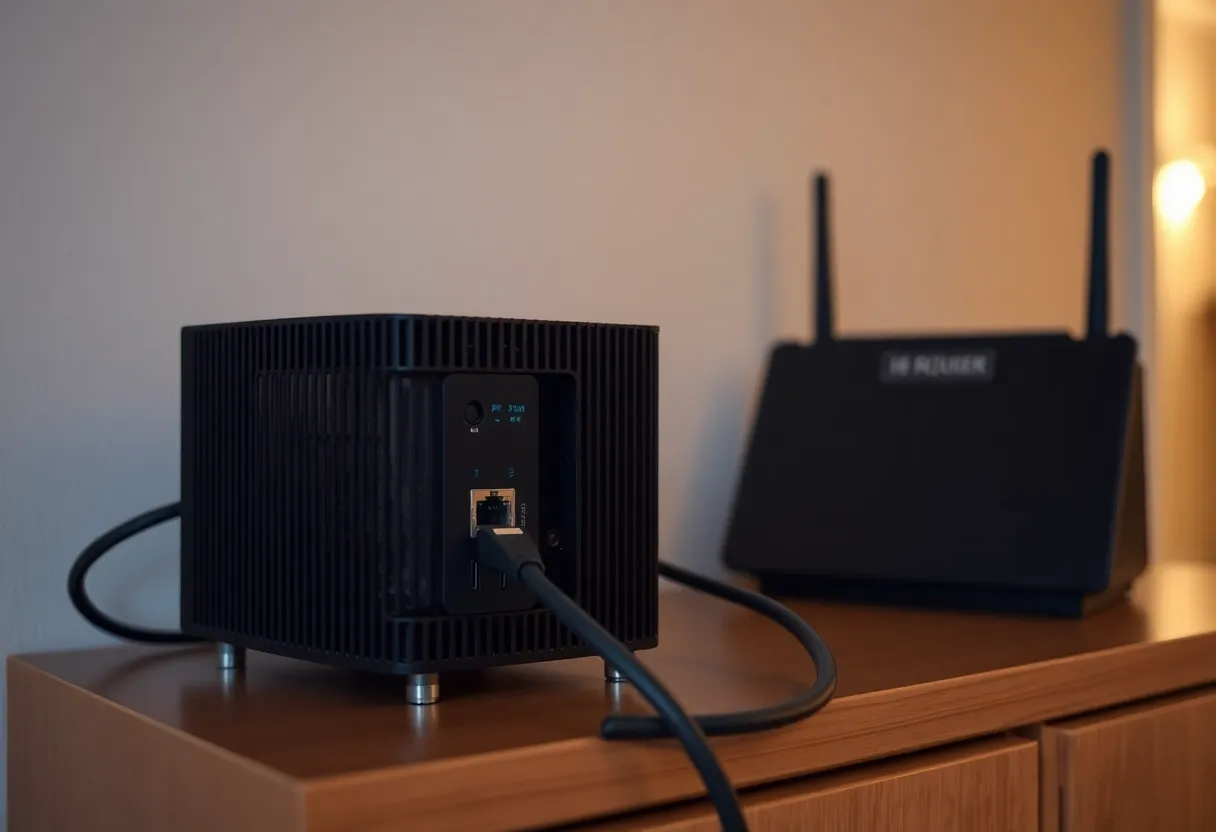A small fanless mini computer with two Ethernet cables connected, sitting next to a router on a cabinet