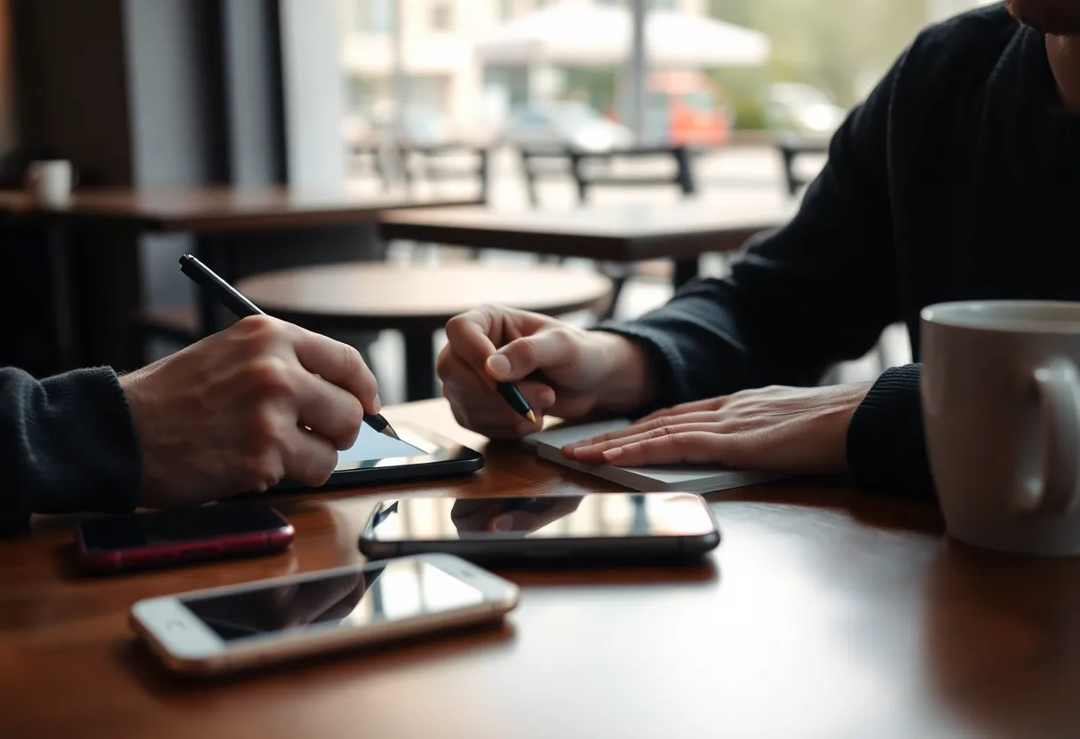 A person writing on an e-ink tablet at a cafe table with a phone face down beside them