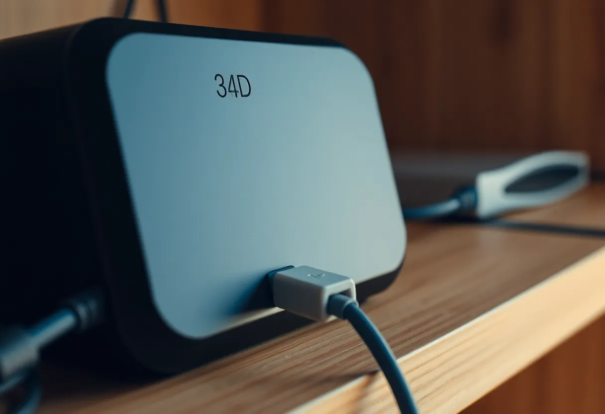 External backup drive and ethernet cable on a wooden shelf