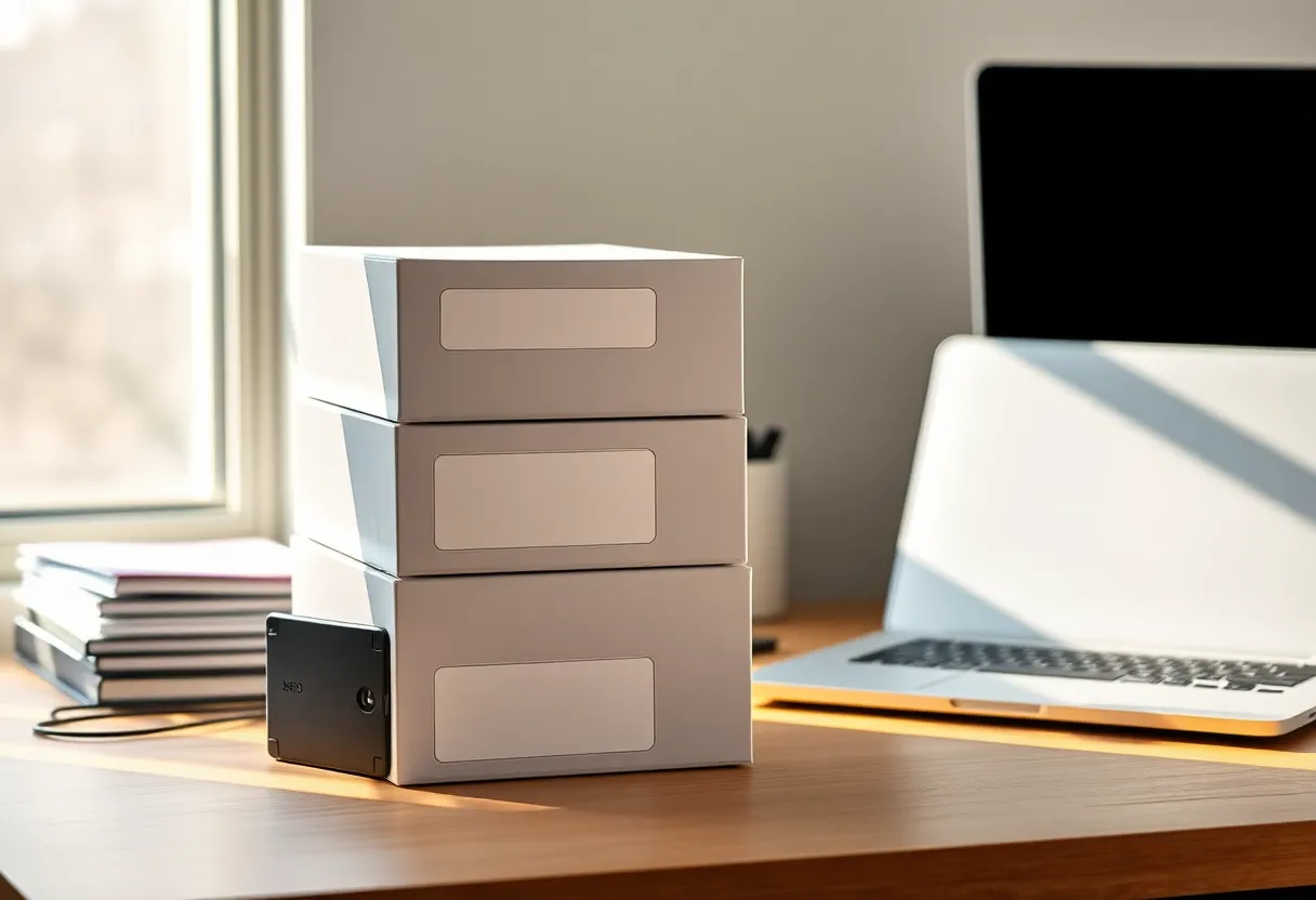Neatly stacked storage boxes and a portable SSD on a desk beside a closed laptop in morning light