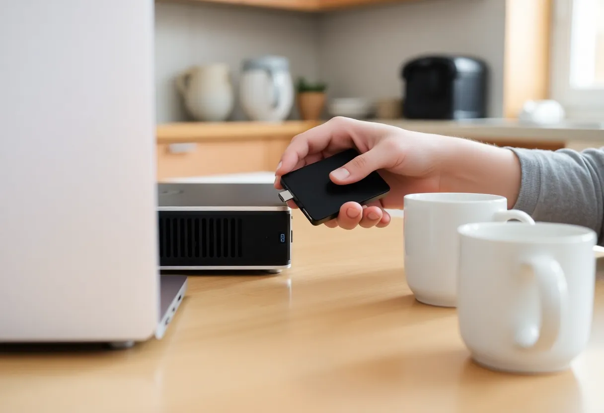 Hands unplugging a portable drive from a small computer on a kitchen table next to a coffee mug