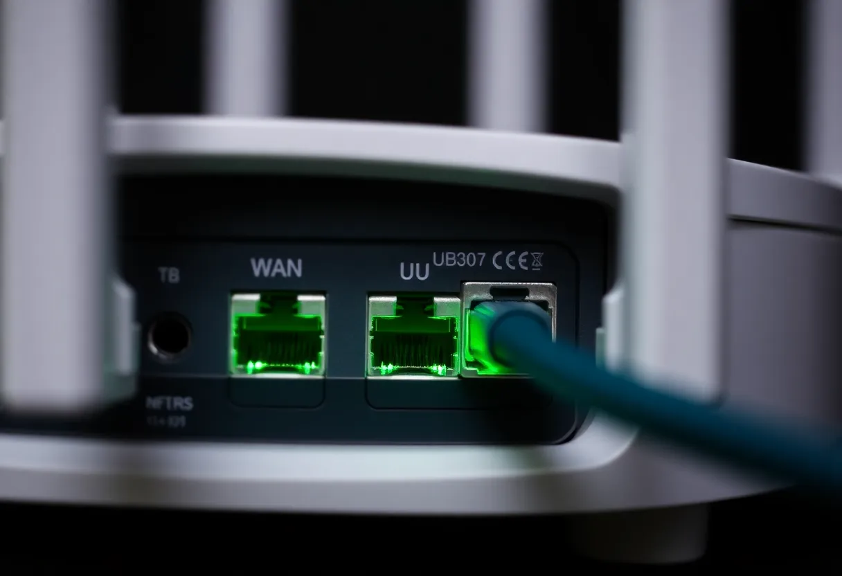 Back panel of a home router with the WAN cable plugged in and port lights glowing