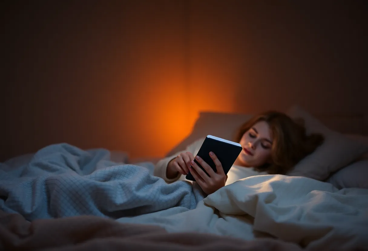 A person reading an e-reader in bed with a warm amber front light