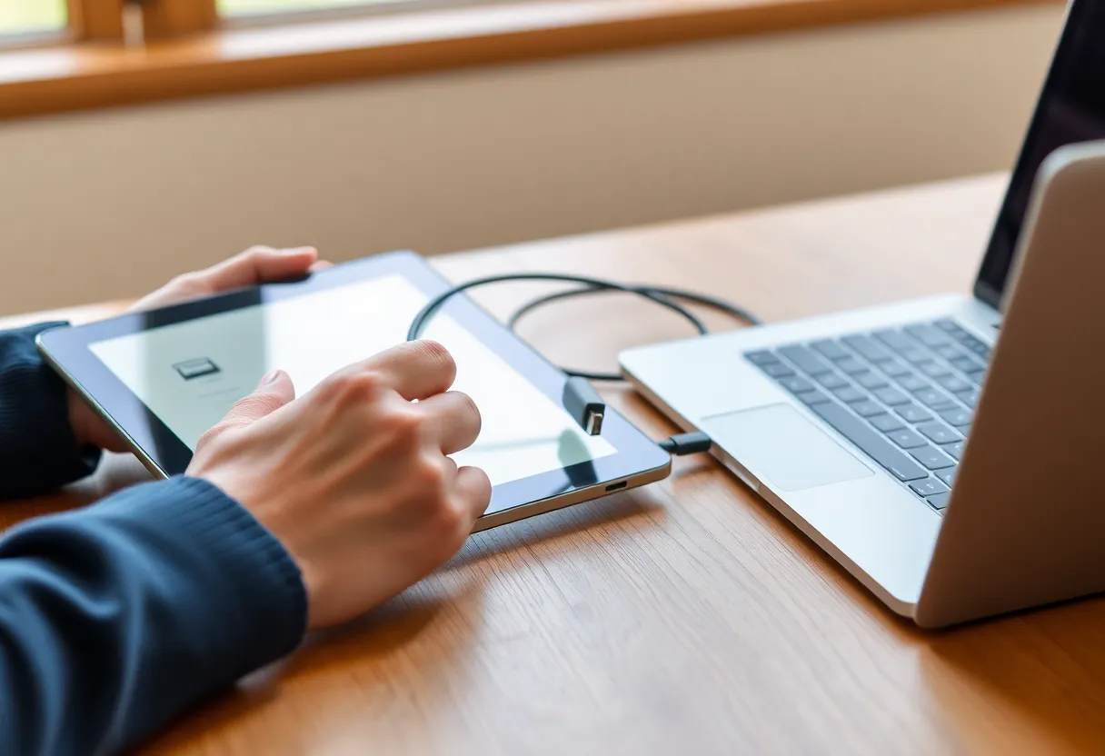 Hands connecting an e-ink tablet to a laptop with a USB-C cable