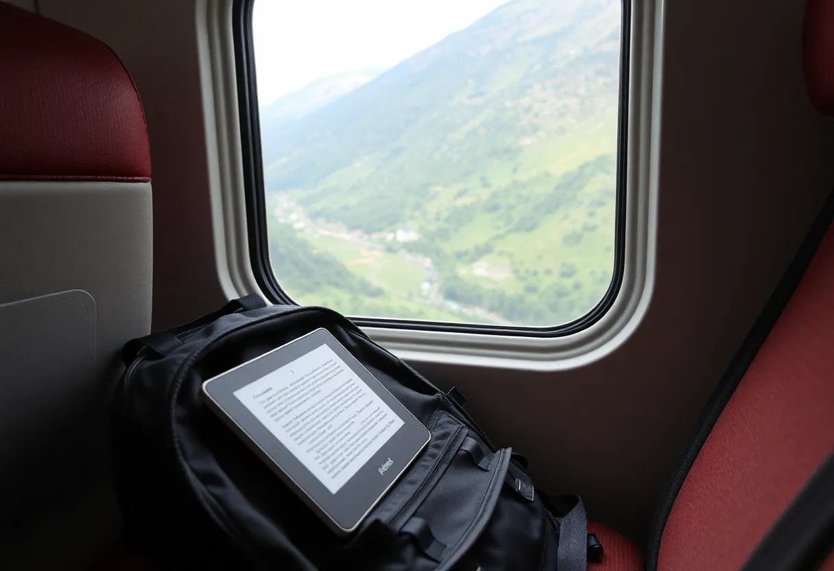 A small e-reader resting on a backpack on a train seat by the window