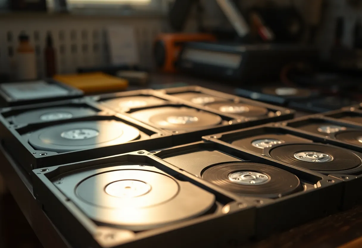 Empty hard drive trays on a workbench after a failed pool
