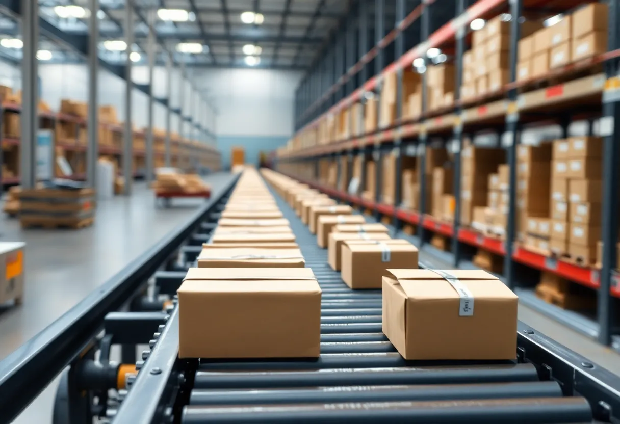 A long line of identical cardboard parcels moving along a warehouse conveyor belt