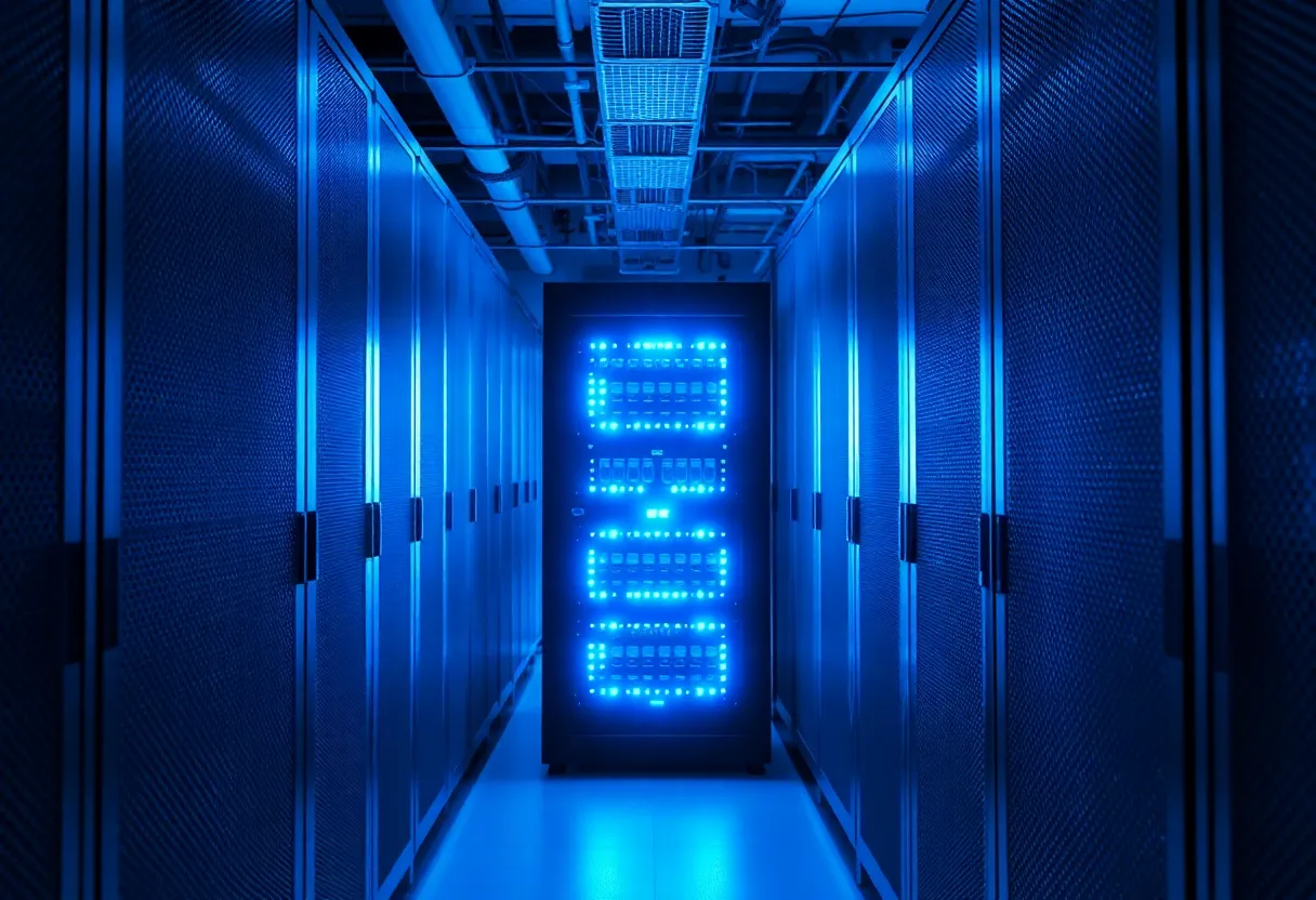 A single rack server with blinking lights in a quiet, blue-lit data center aisle