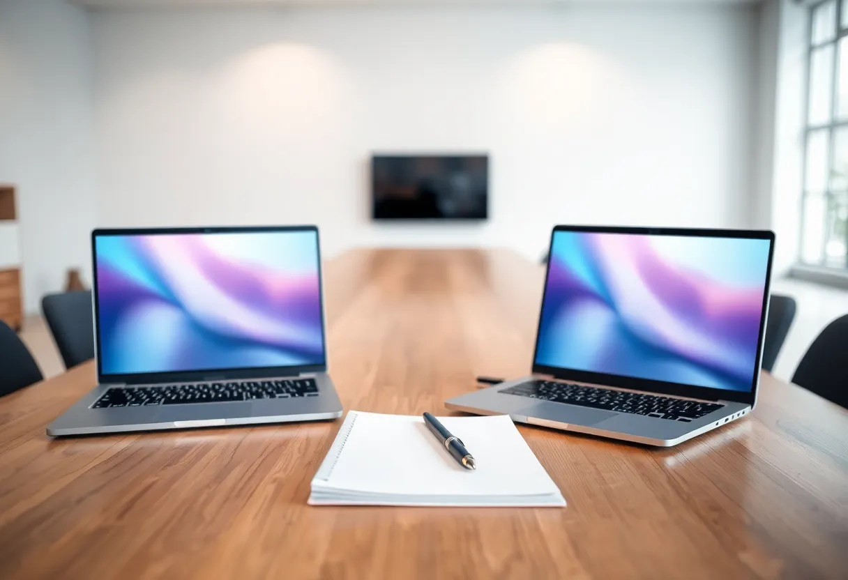 Two identical laptops side by side on a table with a notepad between them