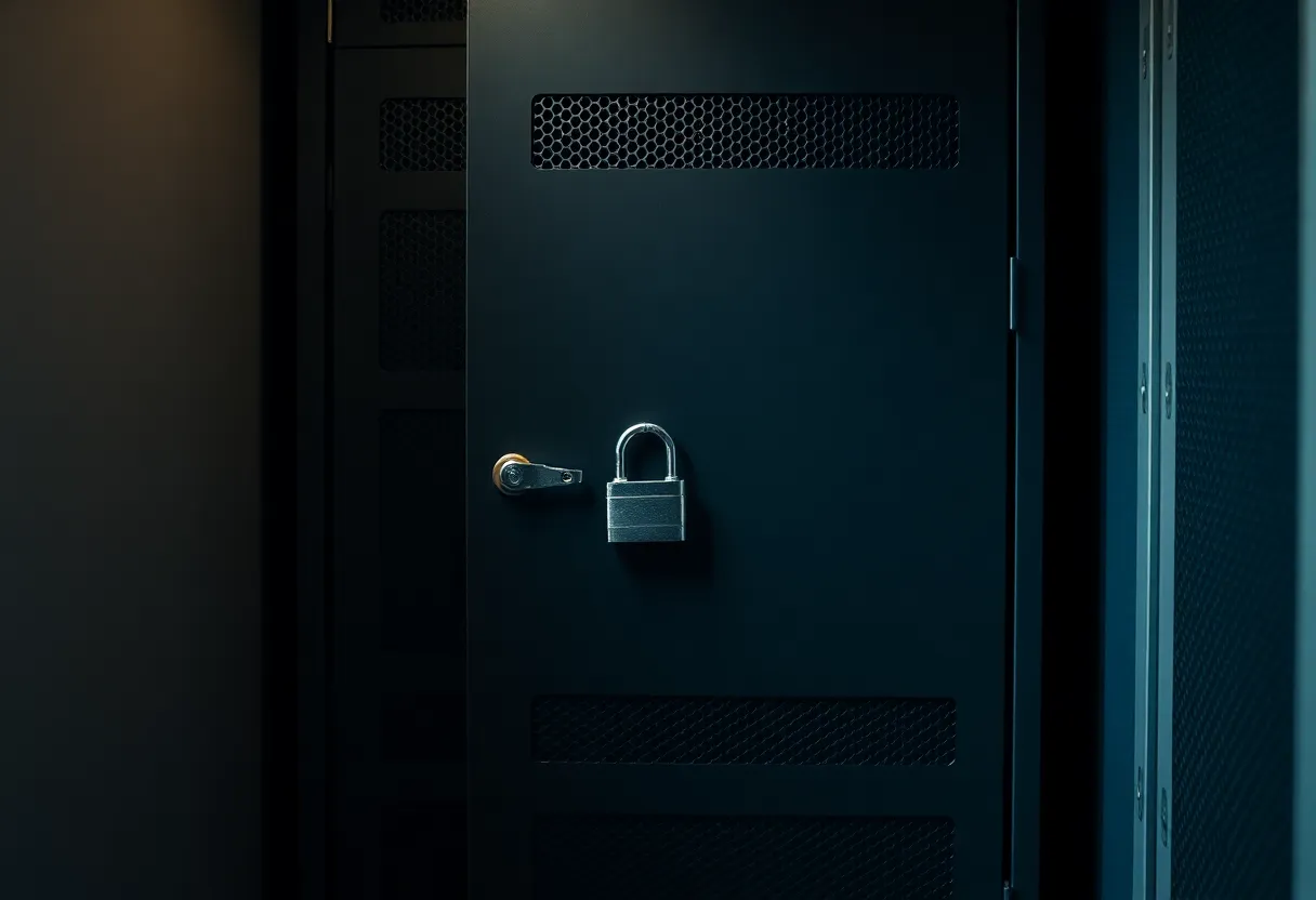 A locked metal server cabinet with a padlock in a small office closet
