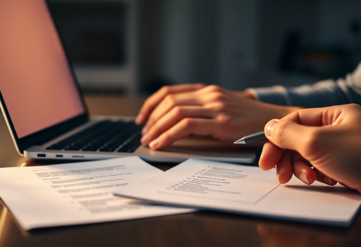 Hands typing on a laptop beside a printed checklist and a pen